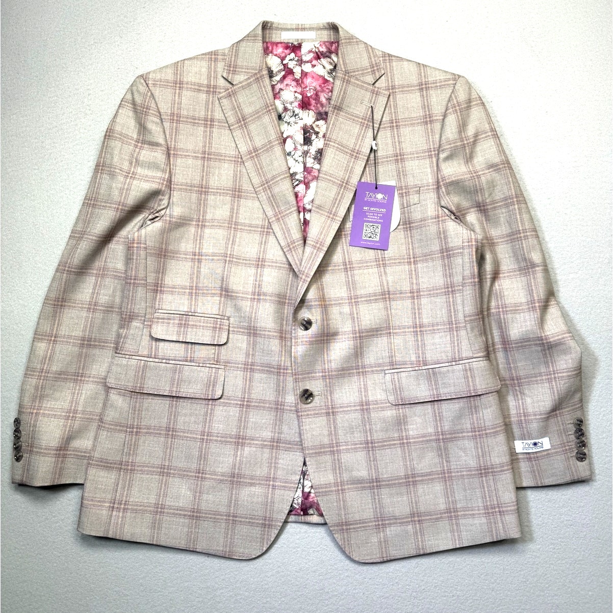Tayion Collection Mens Regular-Fit Suit Jacket Windowpane Tan/Pink 42s $360